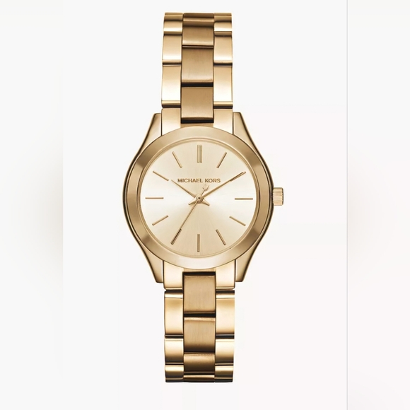 *NEW* Michael Kors Mini Slim Runway Three-Hamd Gold Watch - Picture 1 of 6